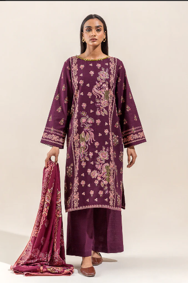 BeechTree Shawl Collection‘23 - Vol I | 3 PC - Embroidered Khaddar Suit With Herringbone Shawl - Mulberry Bloom